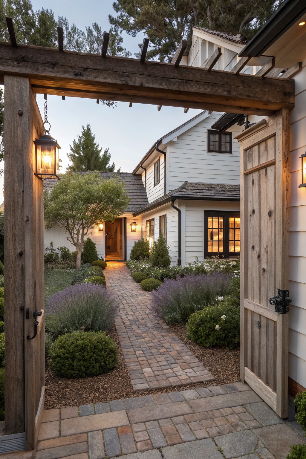 Open wooden gate with lantern frames brick path through garden to white house