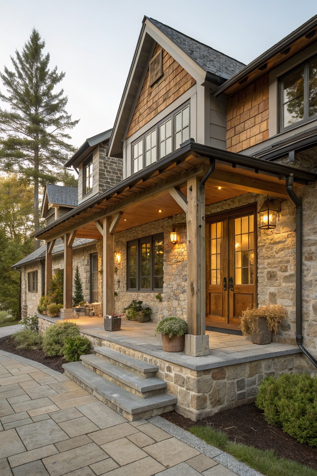 A two-story stone house with wood shingle siding shows a wide covered porch supported by large timber posts and a centered wooden double door entry.