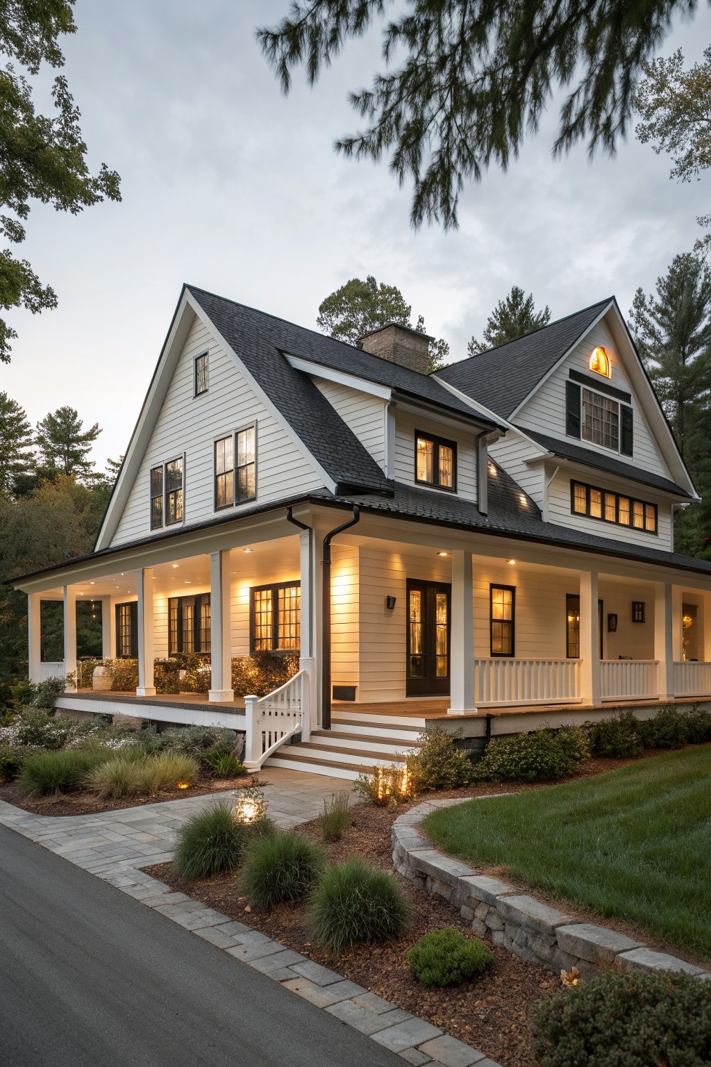 A white two-story farmhouse with black roof and trim, featuring a large lit porch with white columns, steps, and landscaping along the front.
