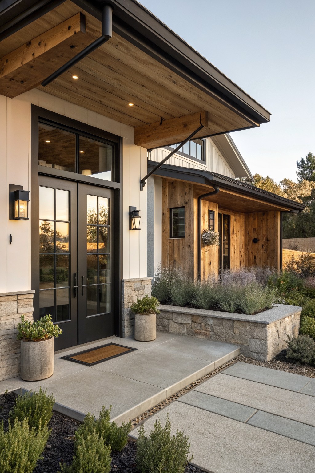 Modern farmhouse exterior showing white siding, wood cladding, dark metal roof trim, black-framed double doors, and a stone planter bed at the entry.
