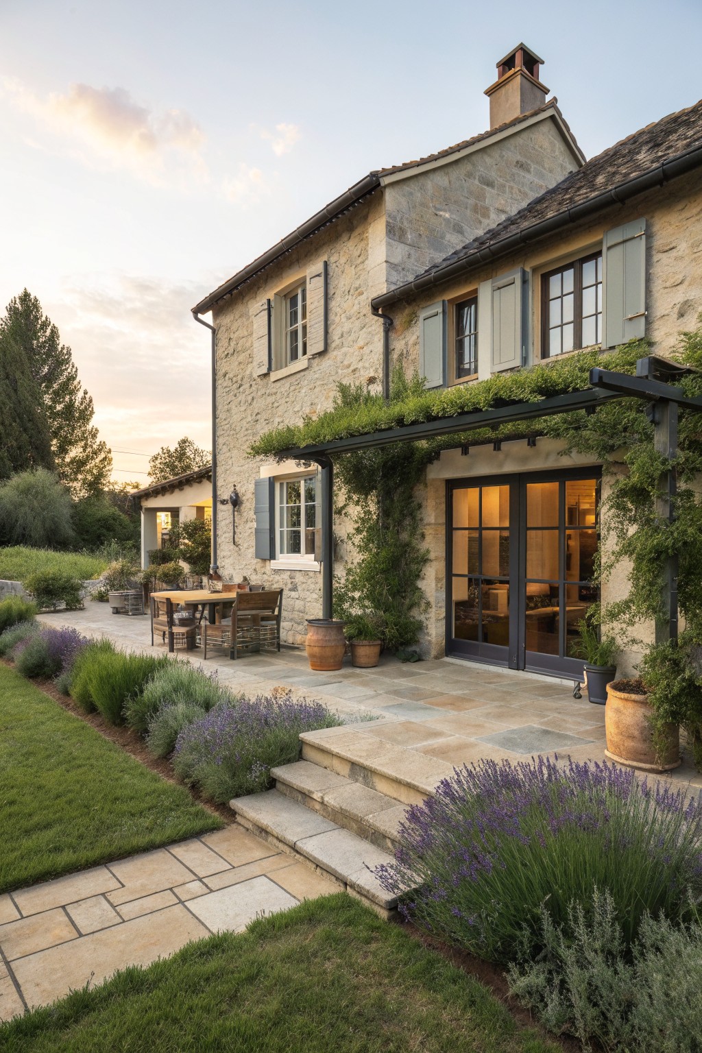 Stone farmhouse exterior with dark-framed windows and doors, gray shutters, a vine-covered pergola, and lavender plantings along the patio steps.