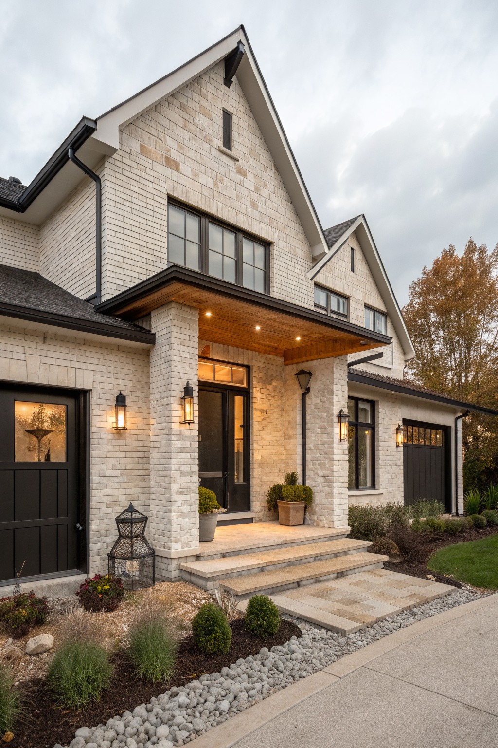 A two-story house with light brick siding, a covered front entry porch supported by stone pillars with a wood ceiling, black-framed windows, and a dark front door.