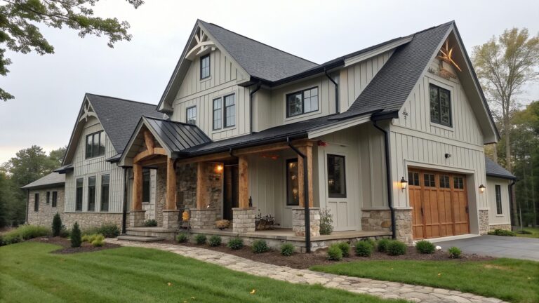 20 Fresh Rustic Modern Farmhouse Makeovers for Dated Exterior Facades Modern two-story house with sage green siding, stone base, wooden porch, and driveway.