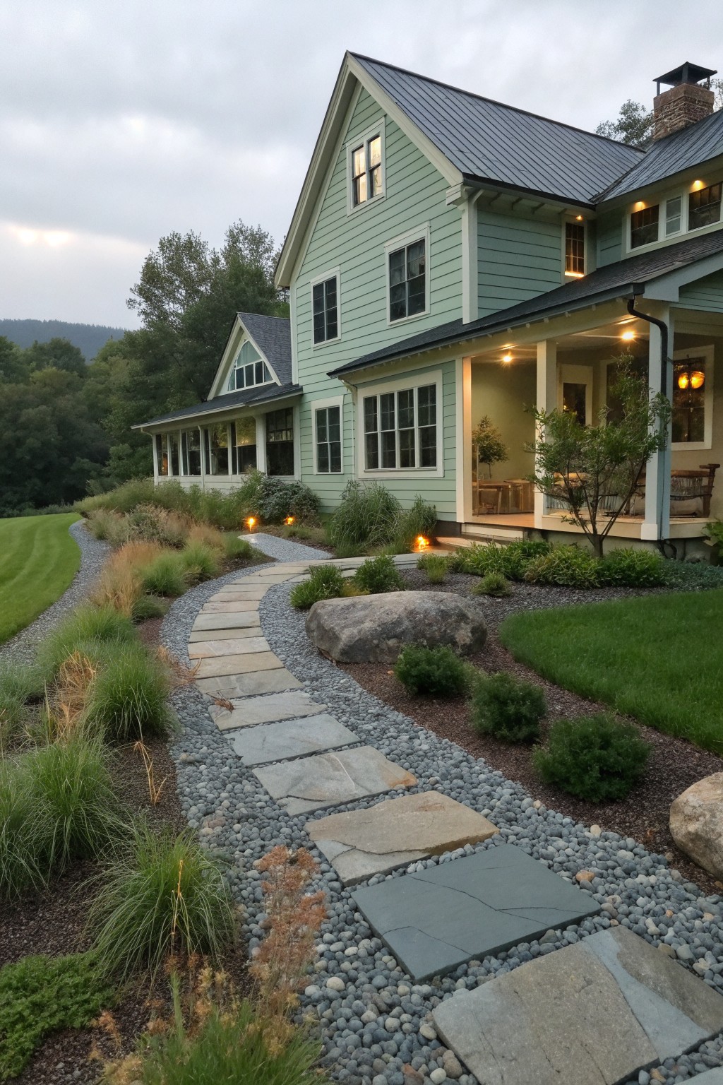 A light green farmhouse exterior with a winding stone pathway set in gravel and bordered by mixed plantings leading toward the front porch.