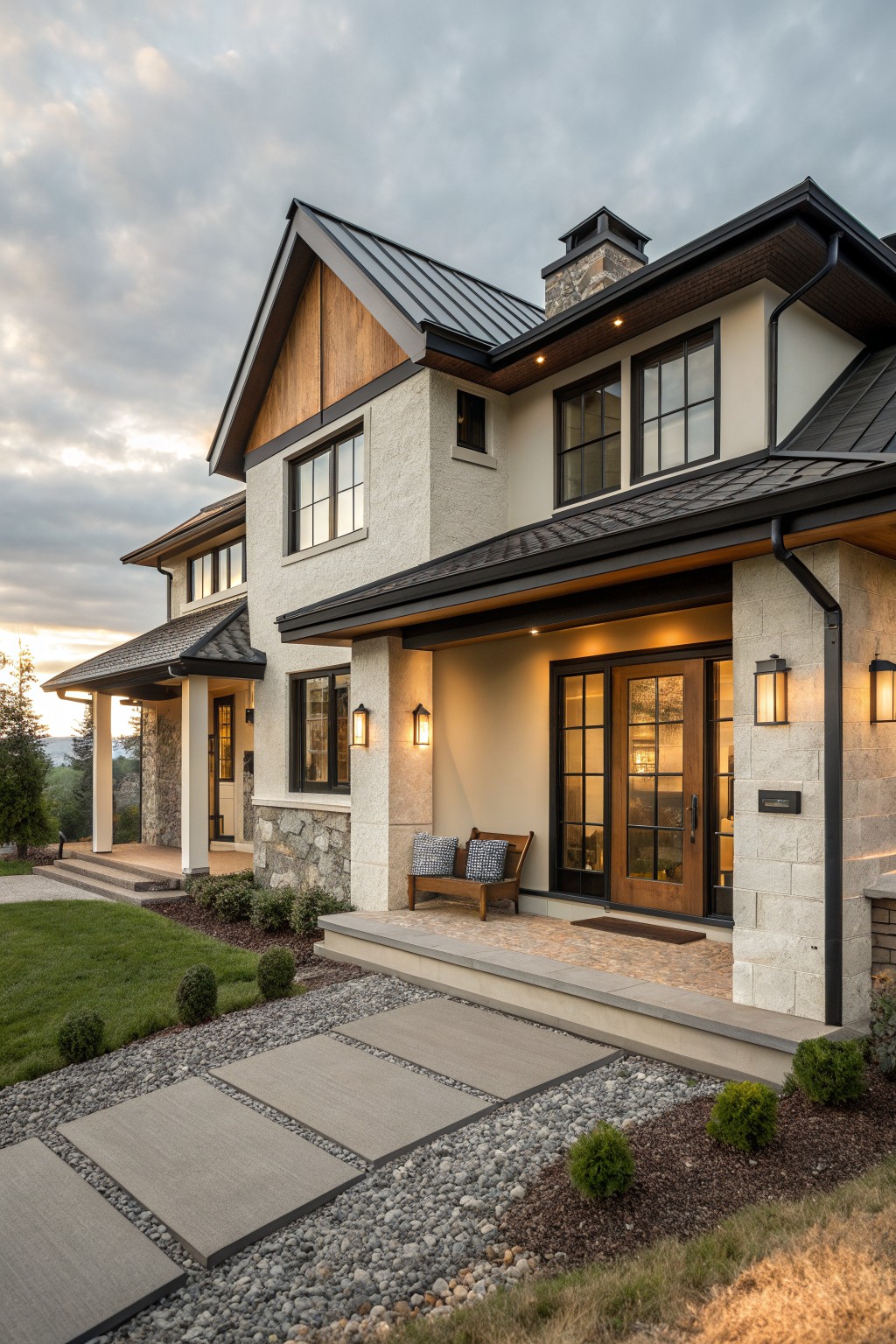 A two-story house exterior featuring light stucco walls, stone accents on the lower sections and chimney, wood gable detail, a dark metal roof, and a wooden front door with a small porch bench.