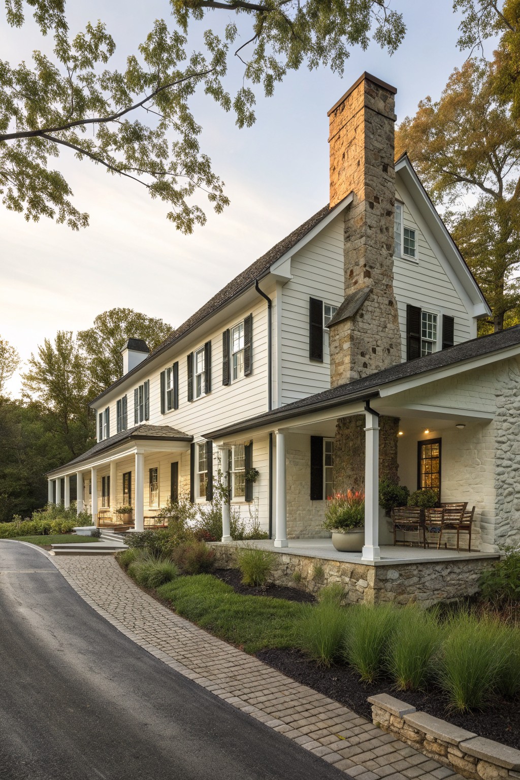 A long white clapboard house with black shutters, a prominent stone chimney, and a covered porch supported by white columns on a stone base.