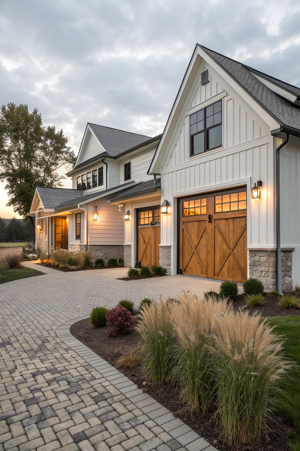 A modern farmhouse exterior features white board and batten siding, a stone veneer base, and wooden garage doors with divided light windows.