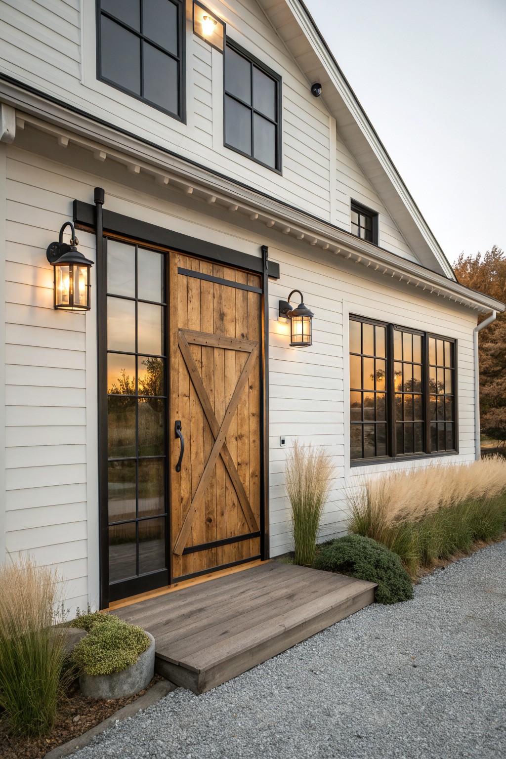White house exterior featuring a large wooden barn-style door with black hardware, black-framed windows, and wall-mounted lanterns beside a gravel driveway.