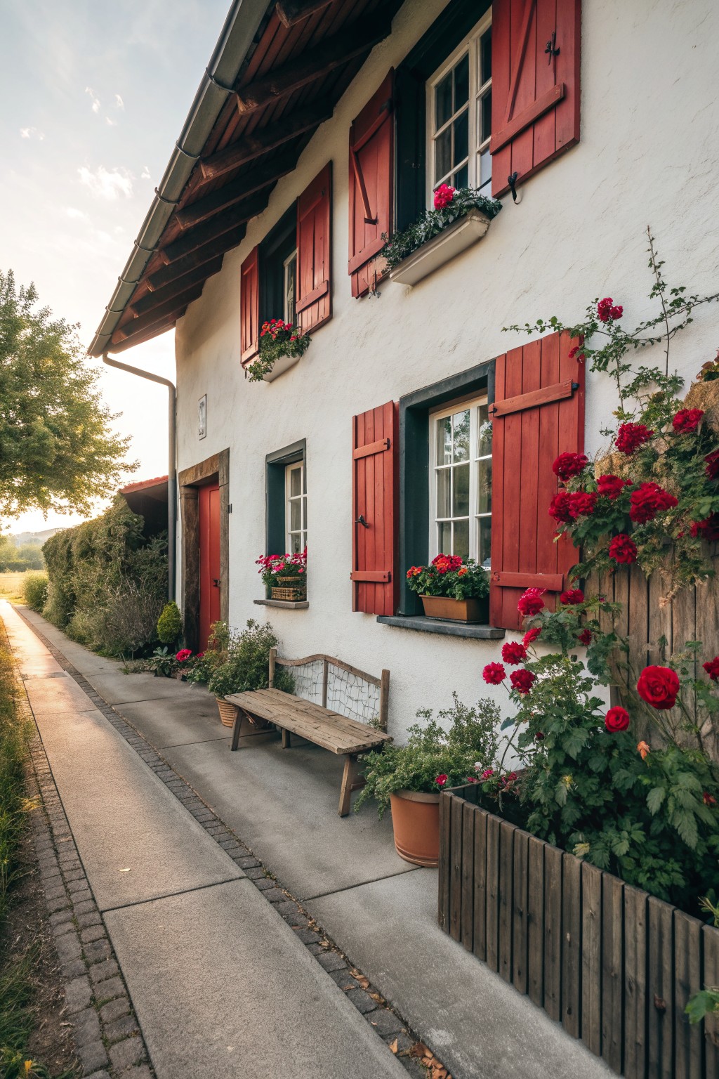 A white house exterior with red shutters on the windows, flower boxes, a wooden bench along the path, and climbing roses on a wooden fence.