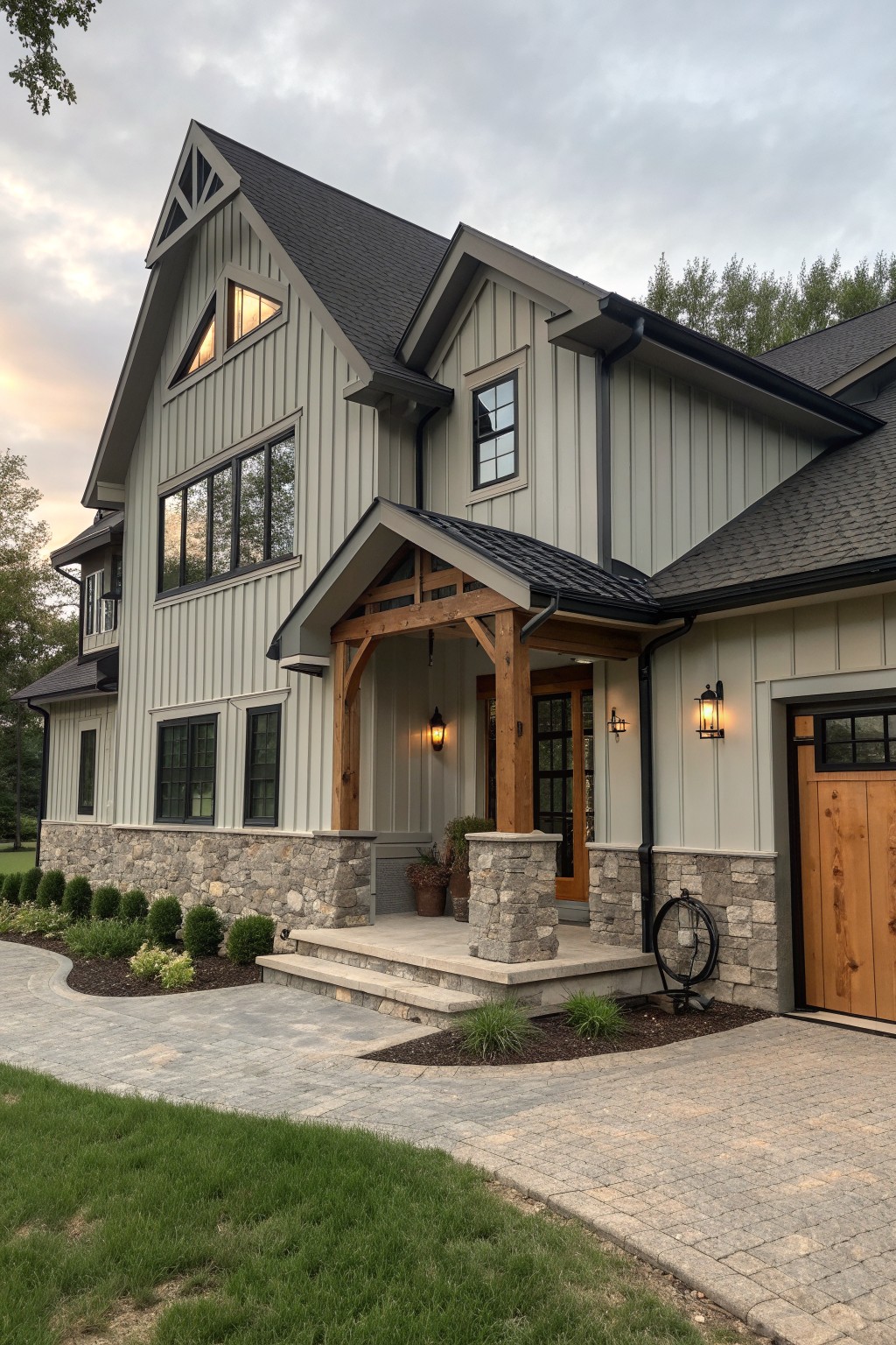 Modern two-story house with sage green siding, stone base, wooden porch, and driveway.