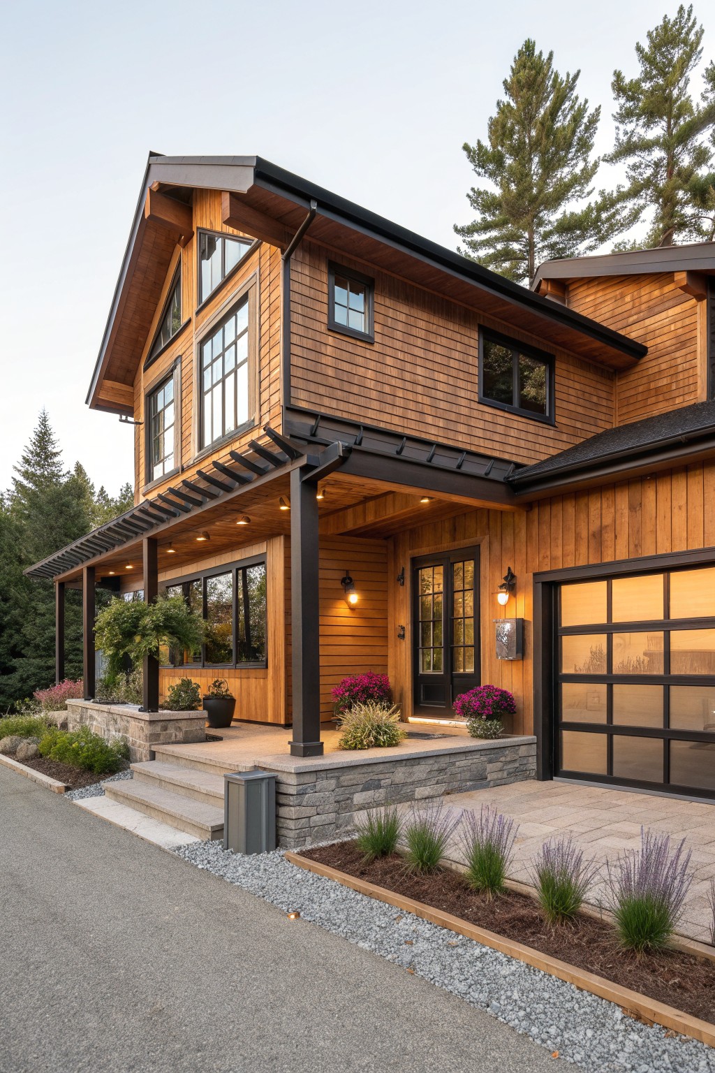 A two-story modern farmhouse exterior with horizontal wood siding, dark trim, a covered front porch, and a large garage door on the right.