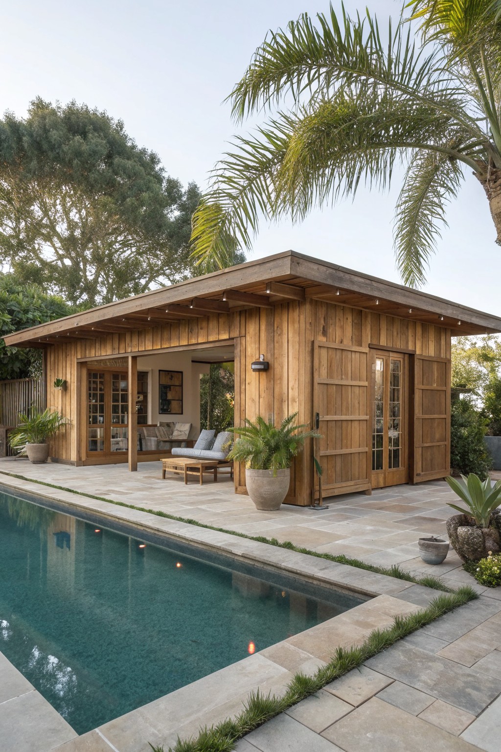 A wooden pavilion with open sides and glass doors sits on a stone patio beside a swimming pool, with seating inside and potted plants around the edges.