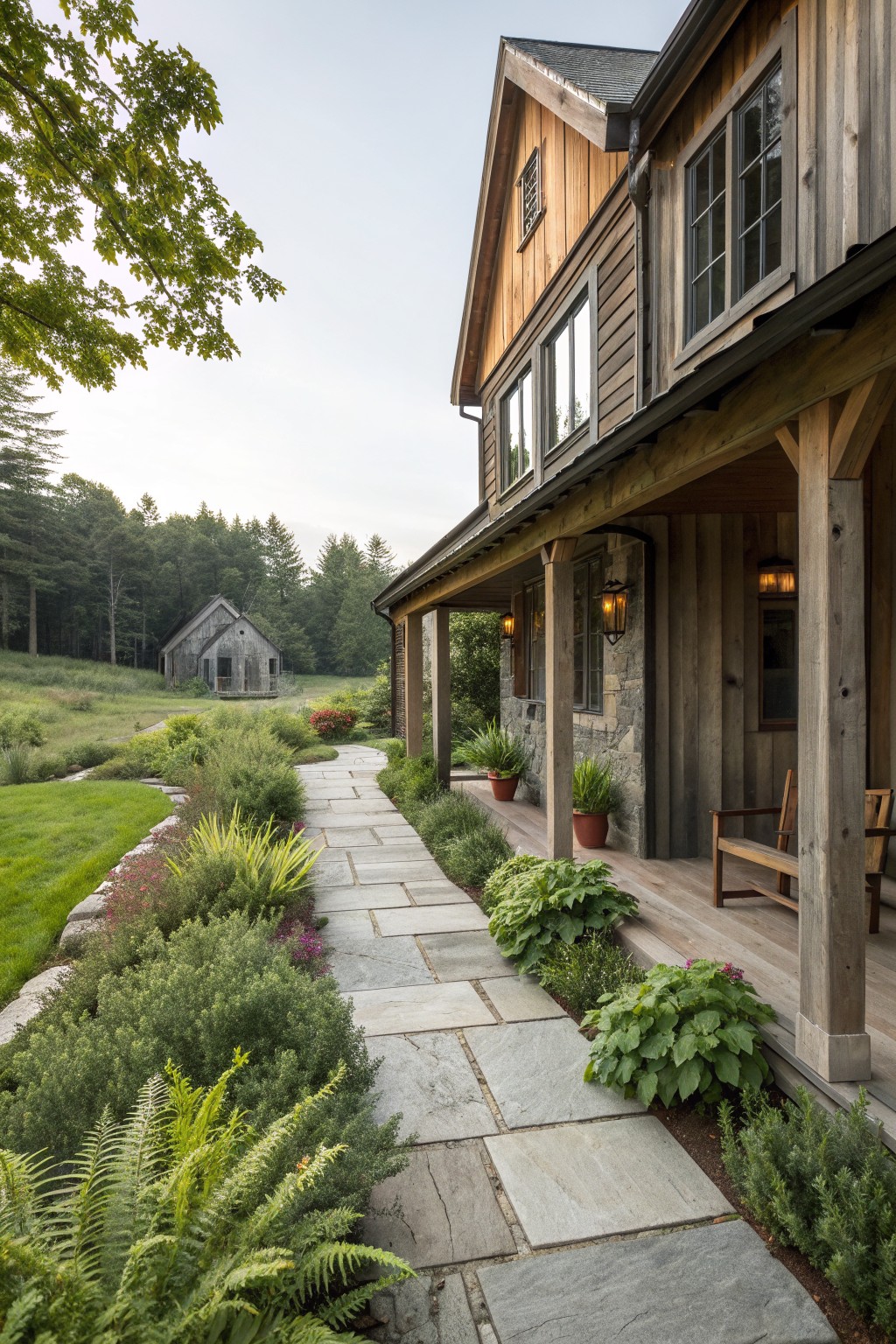 Rustic wooden house with stone path through lush garden and porch