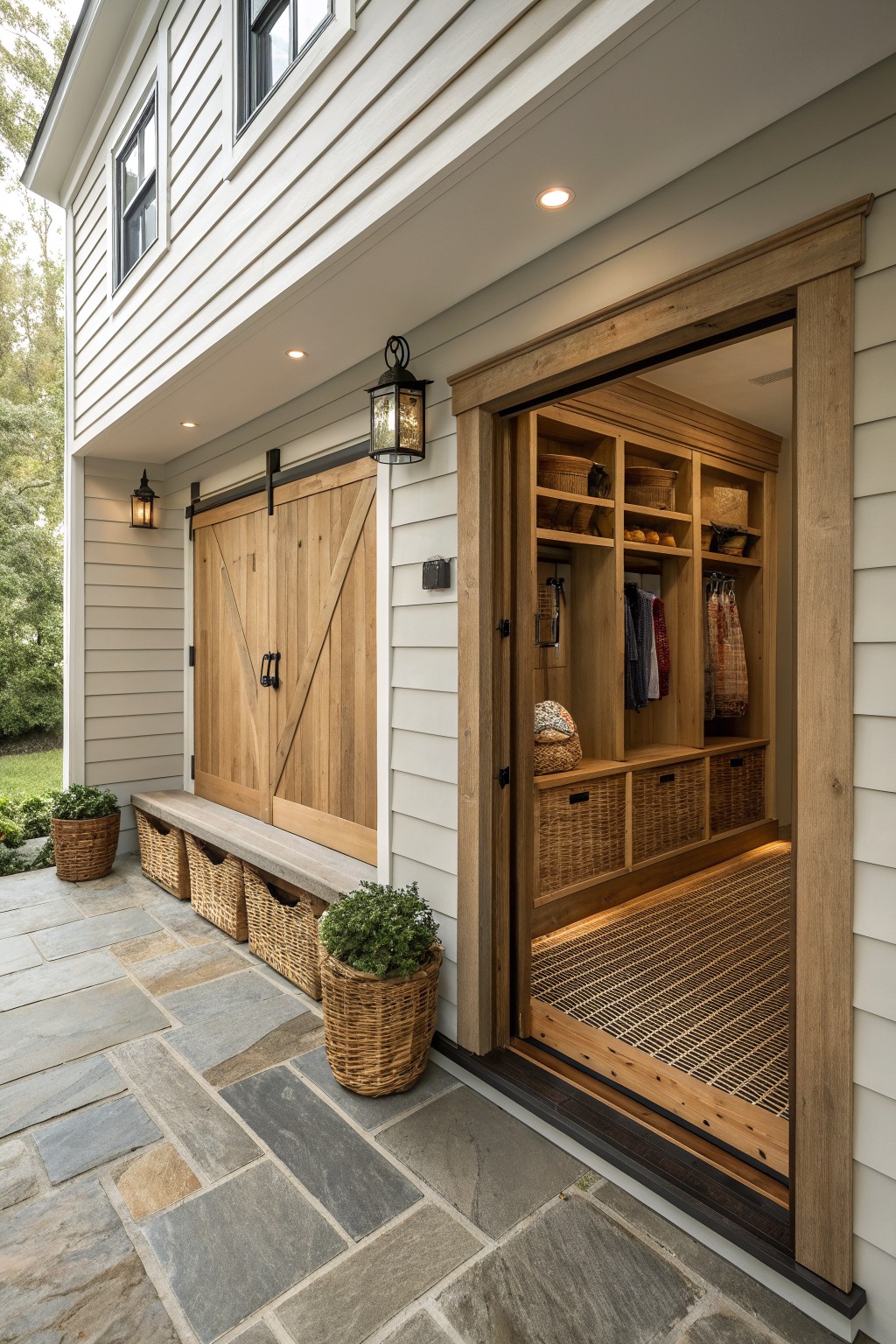 Open wooden mudroom with built-in shelves, baskets, and barn doors on stone patio.
