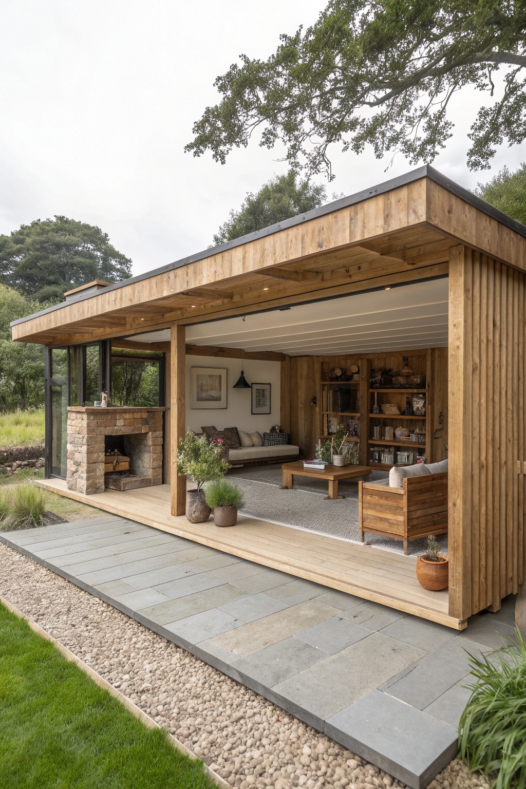 Modern wooden pavilion with stone fireplace, seating, bookshelves, and potted plants on deck.