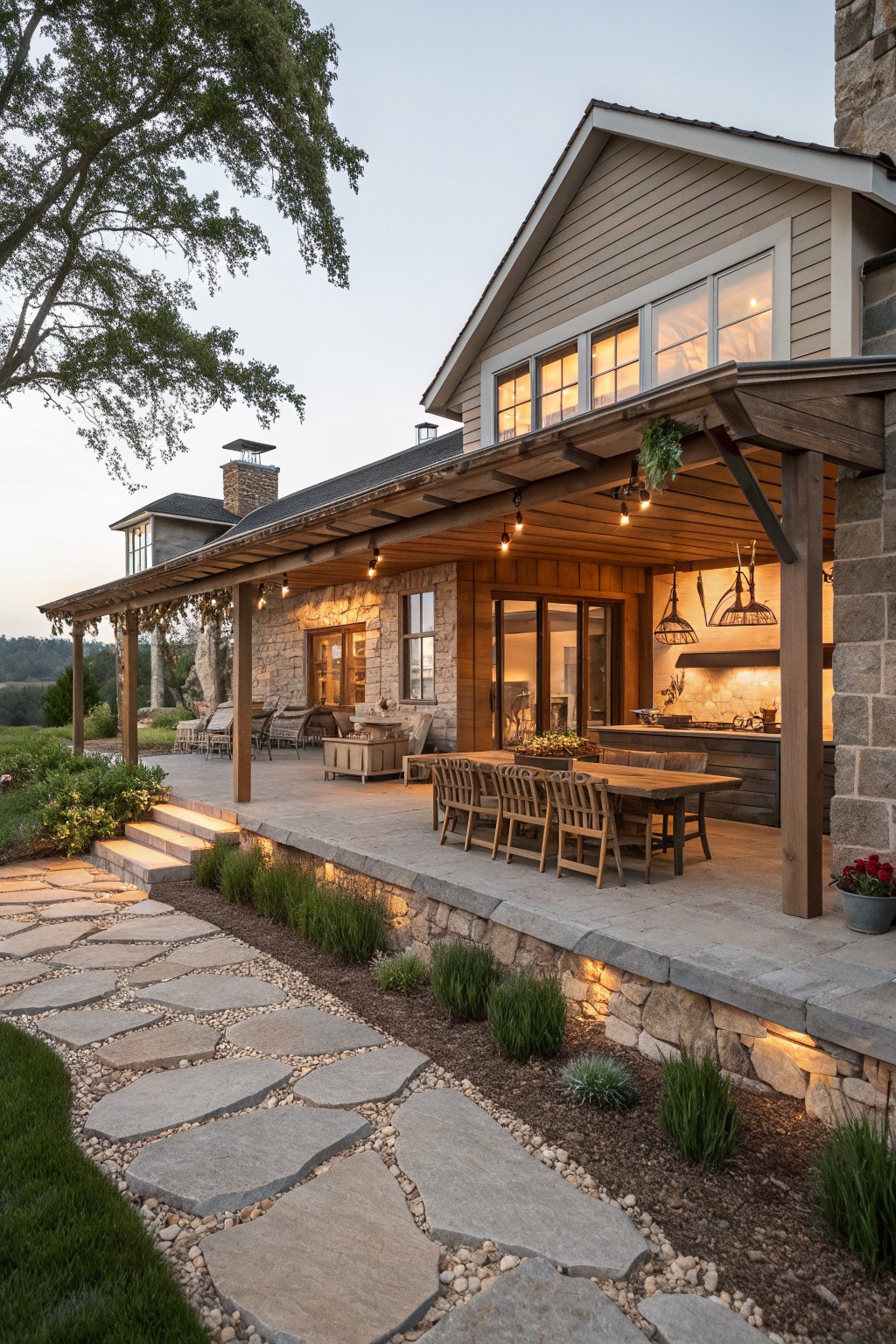 A stone and wood farmhouse exterior with a large covered patio holding a long wooden dining table, chairs, and string lights overhead.