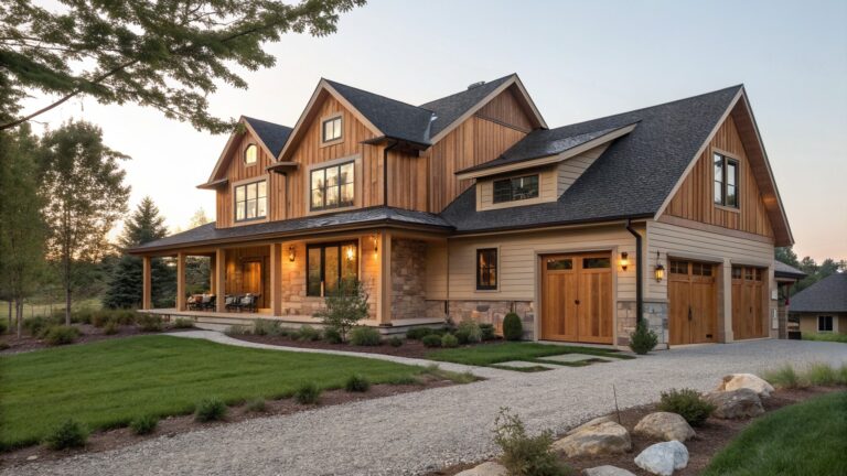 A two-story farmhouse with vertical light wood siding, stone foundation, dark trim, and a wooden garage door at dusk.