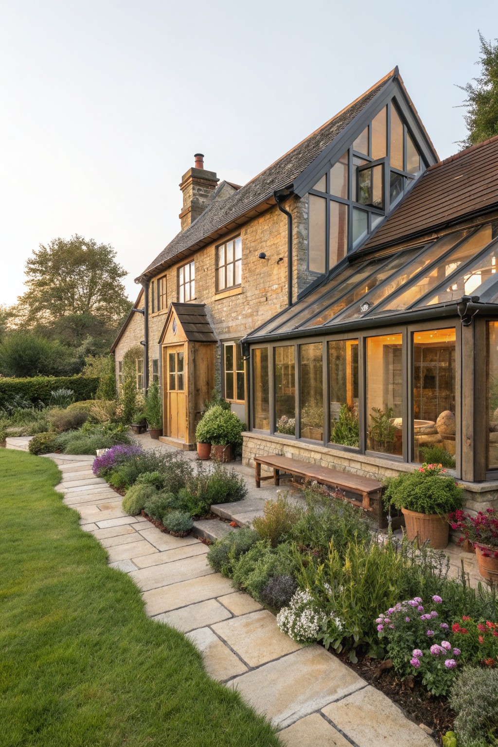 A stone farmhouse with a wooden front door, attached glass conservatory, wooden bench on the patio, and a stone path bordered by garden beds.