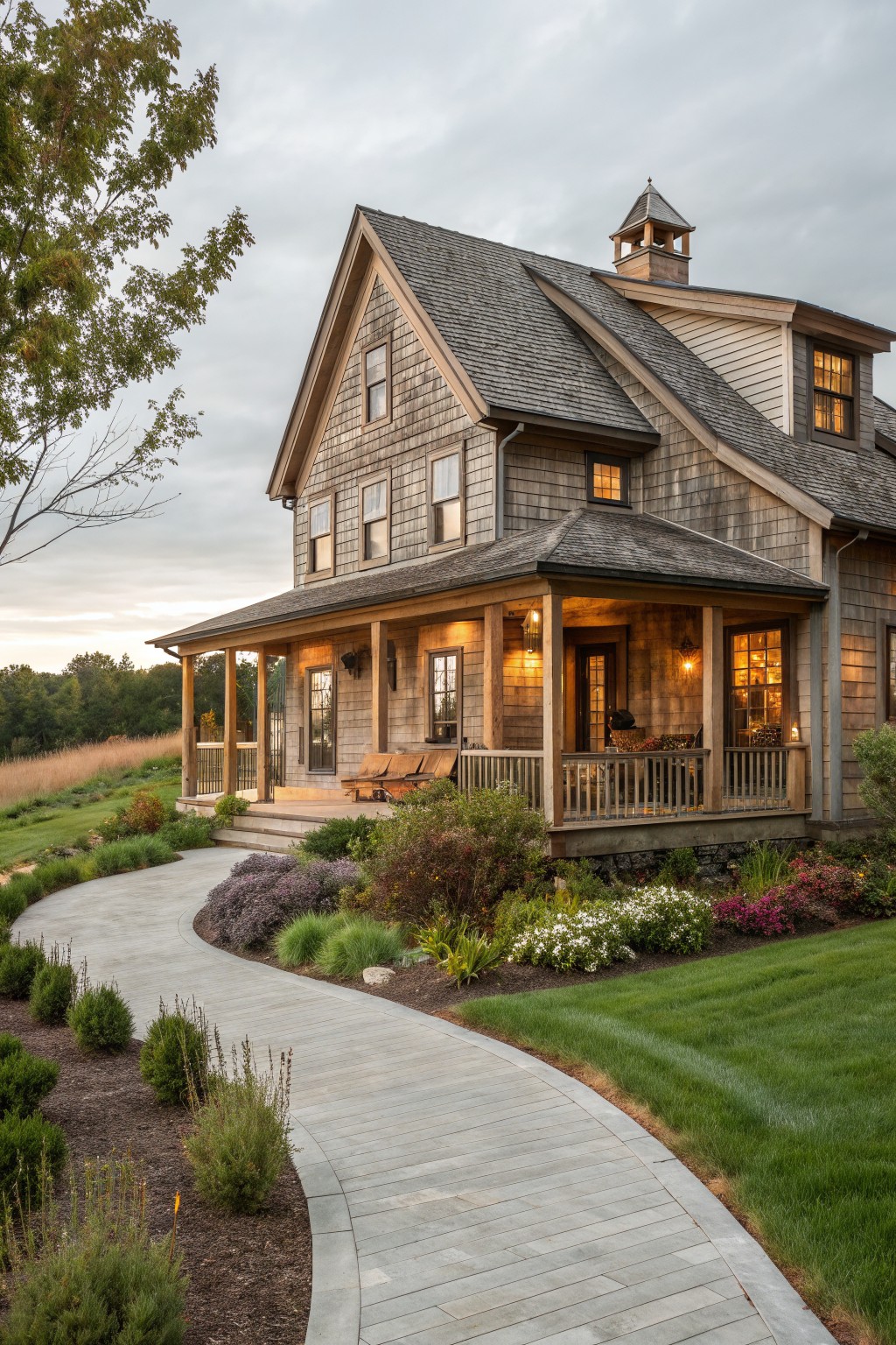 A two-story wood farmhouse with shingle and horizontal siding, a wrap-around porch, and a curved pathway through garden beds.