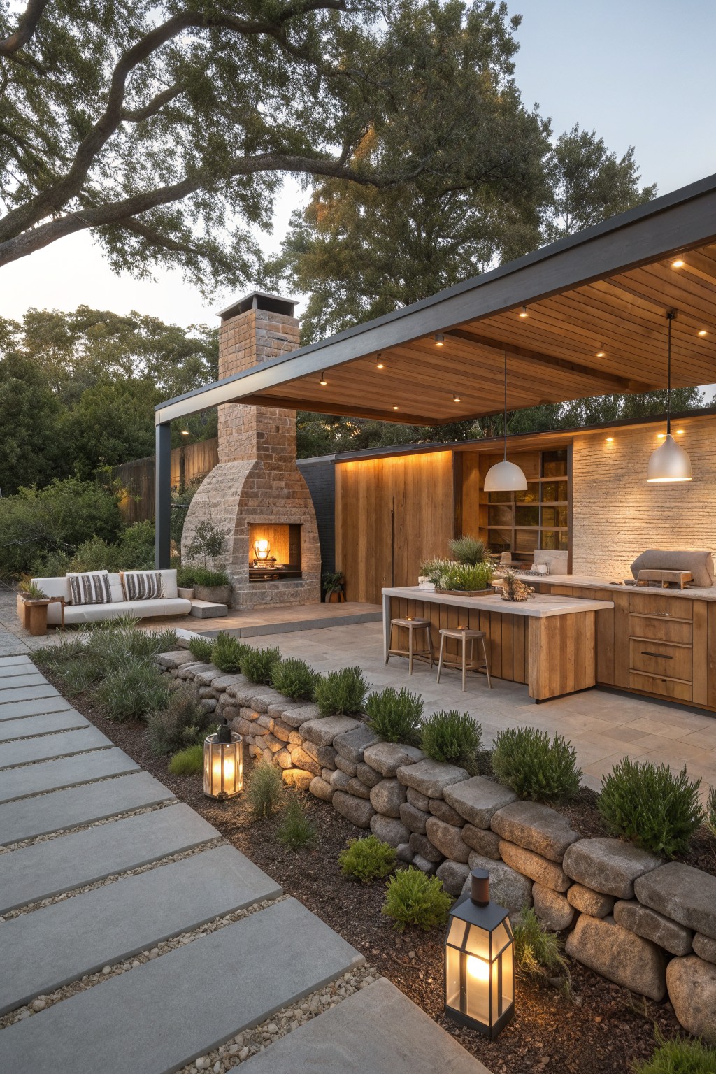 Covered outdoor patio with wood ceiling, built-in kitchen, stone fireplace, bar stools, and stone retaining wall with garden lanterns.