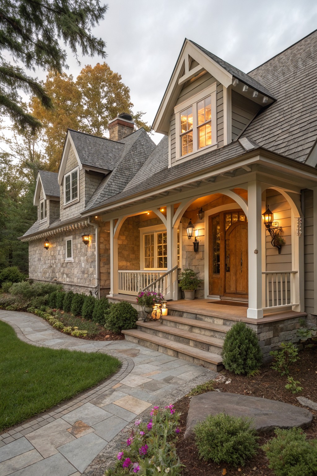 A farmhouse exterior with gray siding, stone base, and a natural wood front door under a covered porch with white trim.