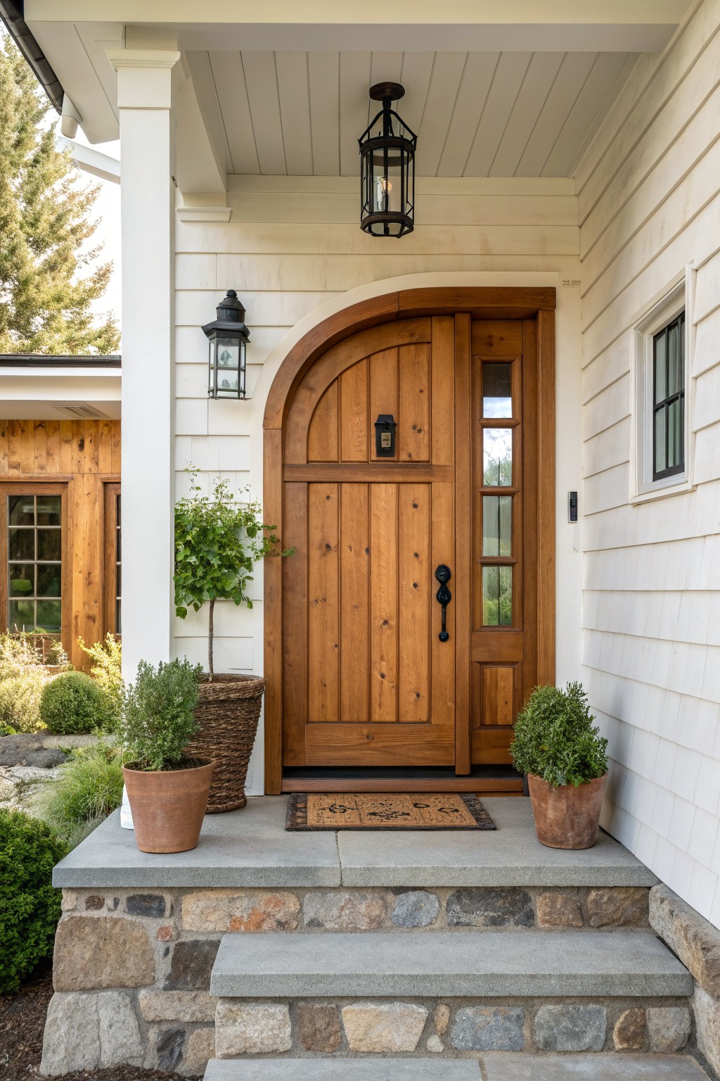 A wooden arched front door centered on a white house with stone steps, potted plants, and a hanging lantern above.