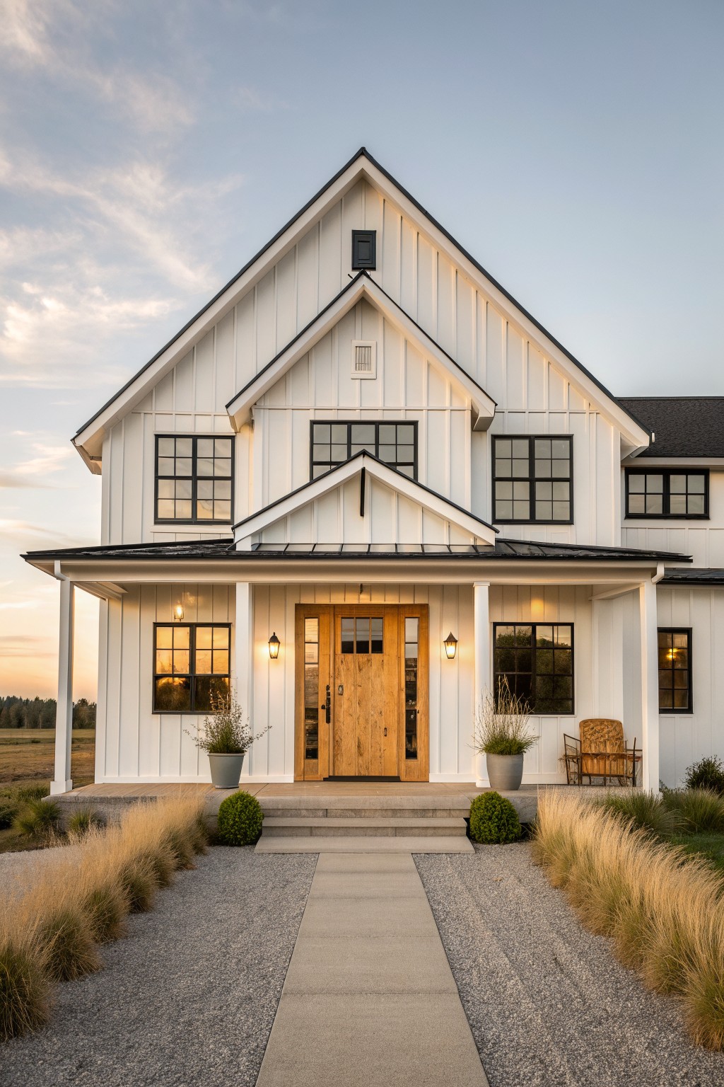 Front view of a white two-story farmhouse with a natural wood front door, black-framed windows, and a covered porch with potted plants.