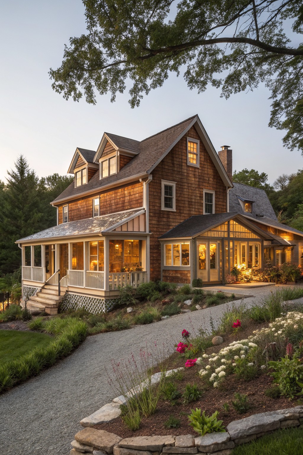 A two-story wooden farmhouse with brown shingle siding, gabled roof, white porch railing, and a gravel path leading to the front.