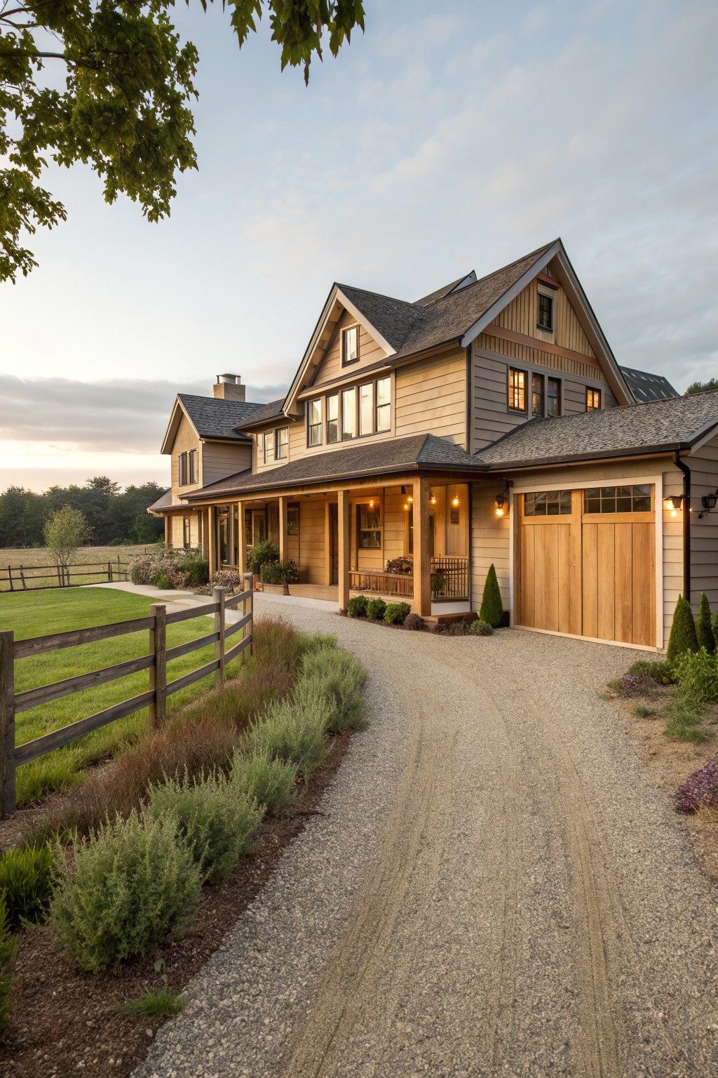 Large wooden farmhouse with porch and garage along rural gravel driveway at dusk