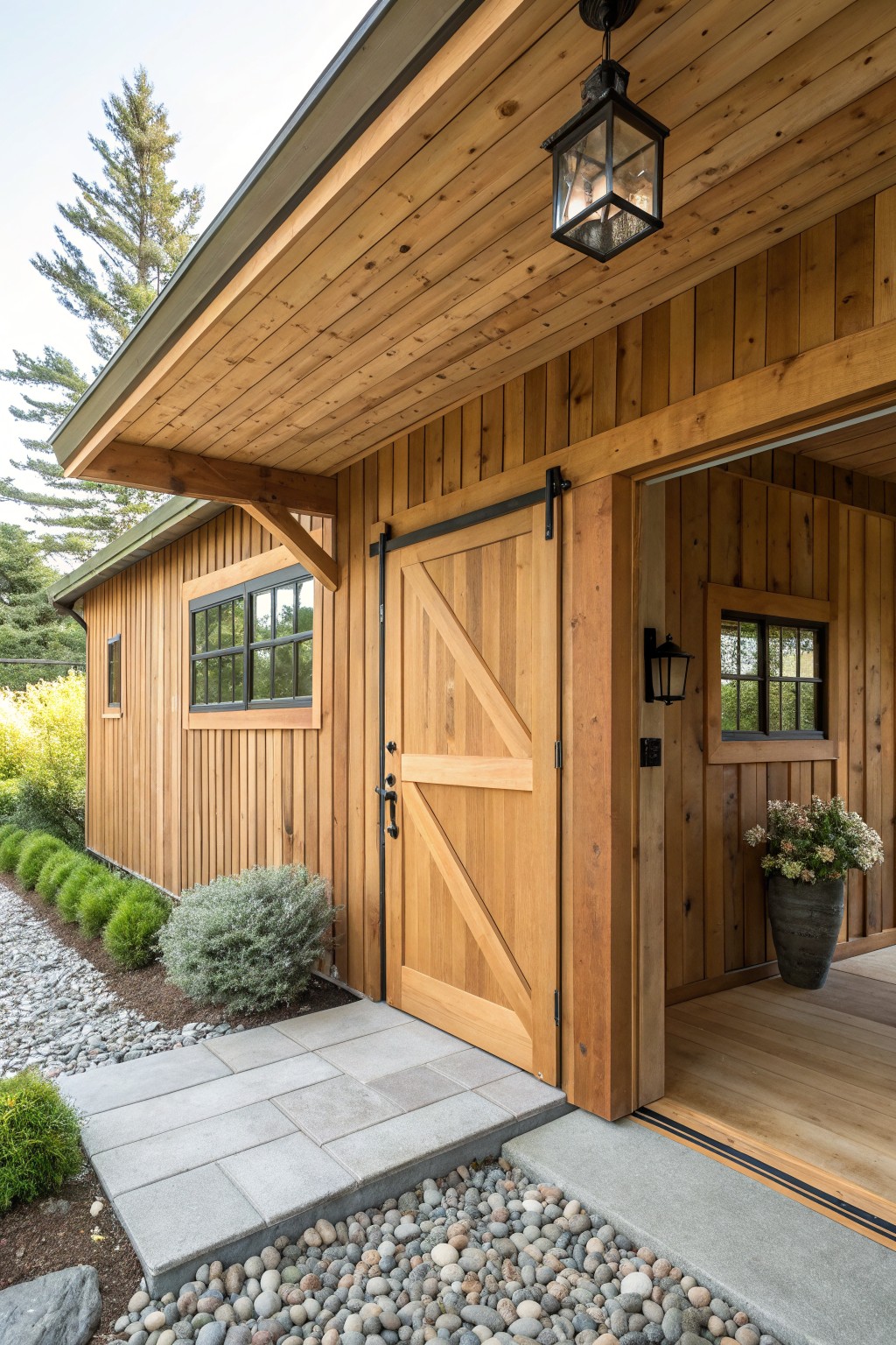 Wooden cabin entrance with barn door, black lantern, potted plant, and stone path.