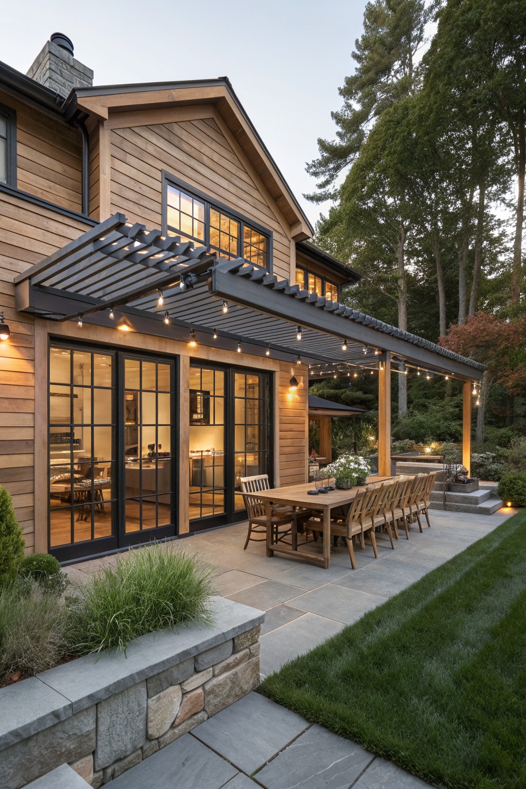 Modern wood house with glass doors, pergola, string lights, and long dining table