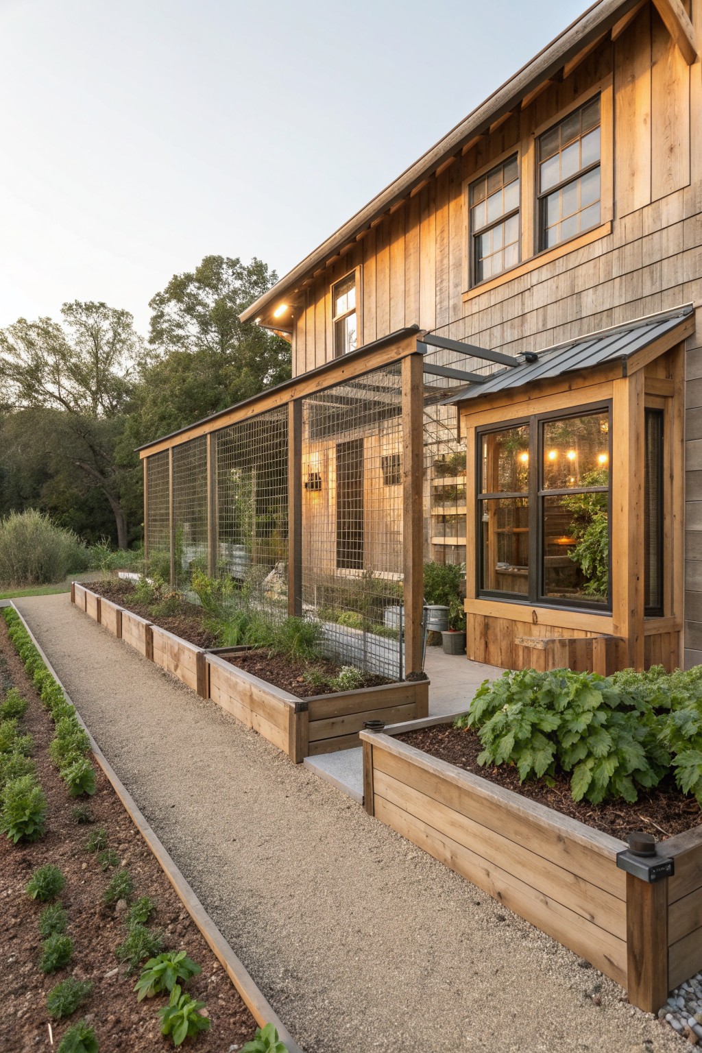 A wood-sided house exterior with long matching wood raised garden beds running along the foundation beside a gravel path.