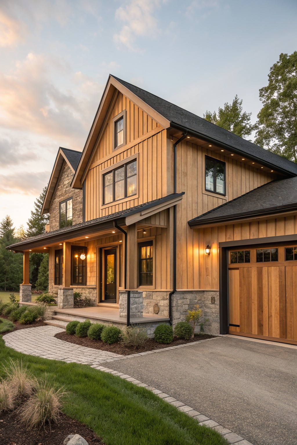 A two-story farmhouse with vertical light wood siding, stone foundation, dark trim, and a wooden garage door at dusk.