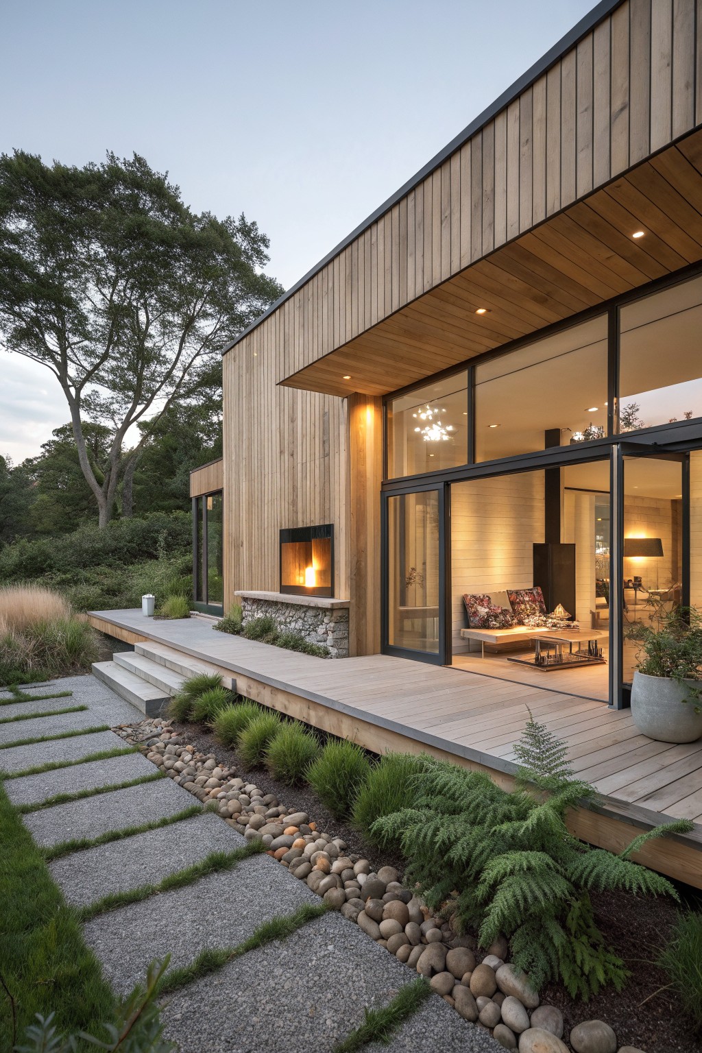 A modern house with vertical wood siding, large glass windows and doors, an attached wooden deck, and an exterior fireplace next to a stone and gravel pathway.