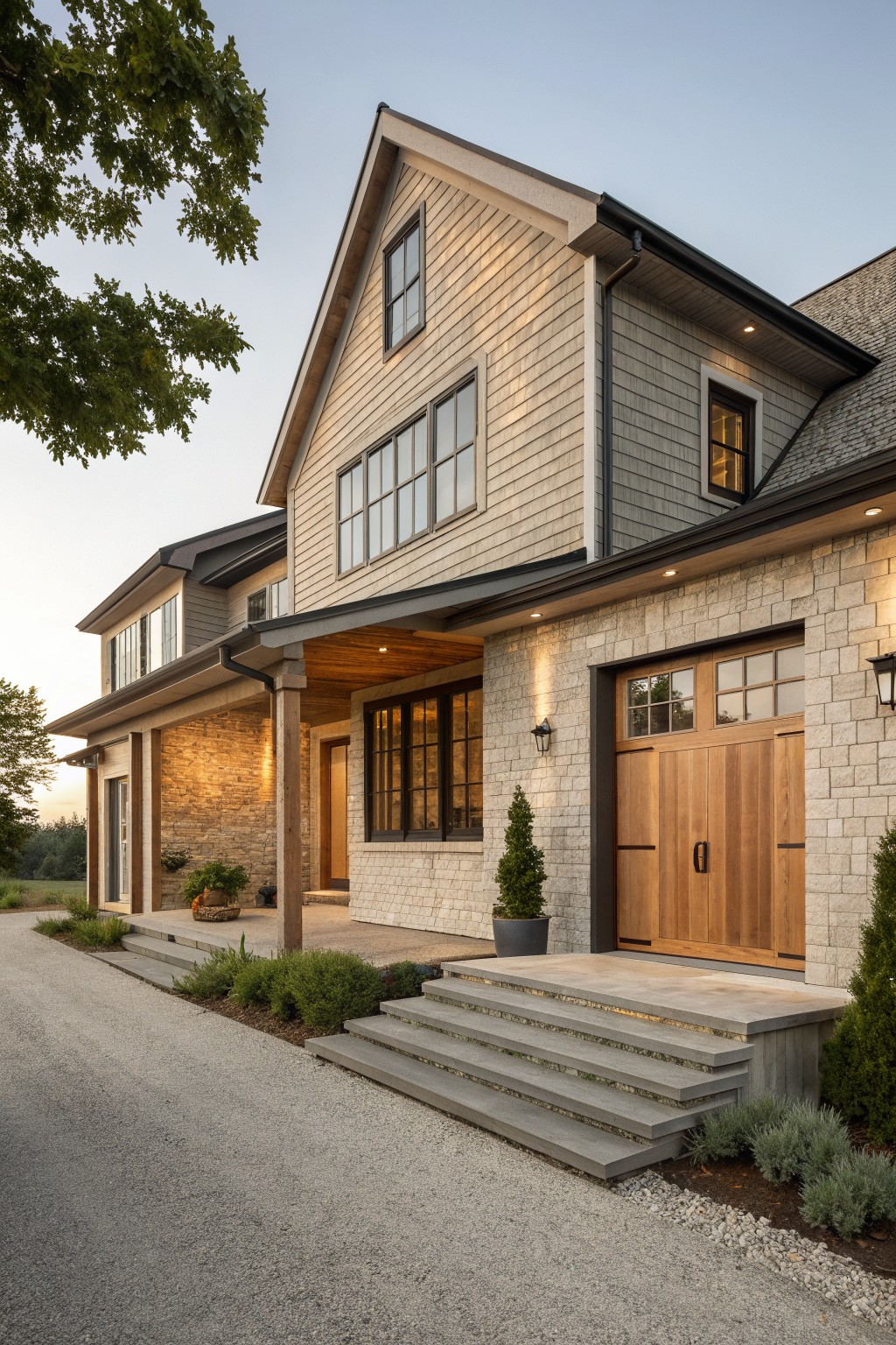 A two-story farmhouse with stone and wood siding, featuring prominent wooden garage doors and a concrete front staircase.