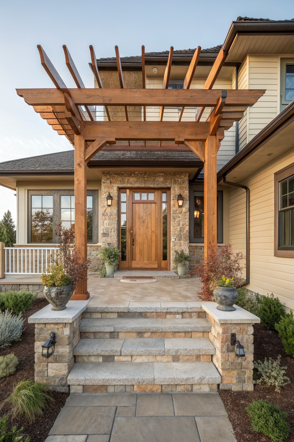 Wooden pergola over stone porch entrance with wooden door, steps, and potted plants.