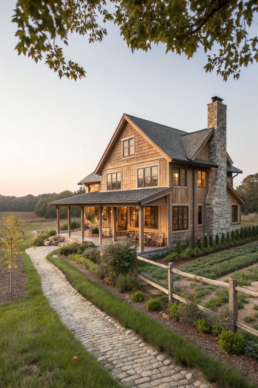 A two-story wood-shingled farmhouse with a stone chimney, covered porch, and cobblestone path leading through landscaped garden beds.