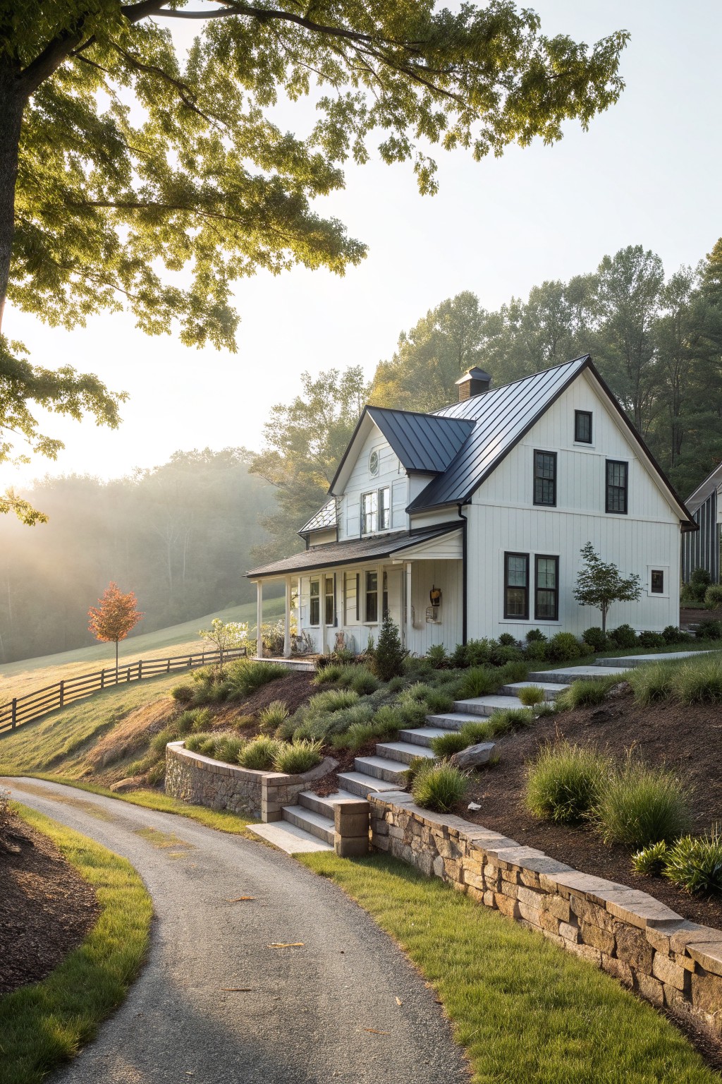 A white board and batten farmhouse with a dark metal roof and stone retaining walls sits beside a curving driveway on a wooded hillside.
