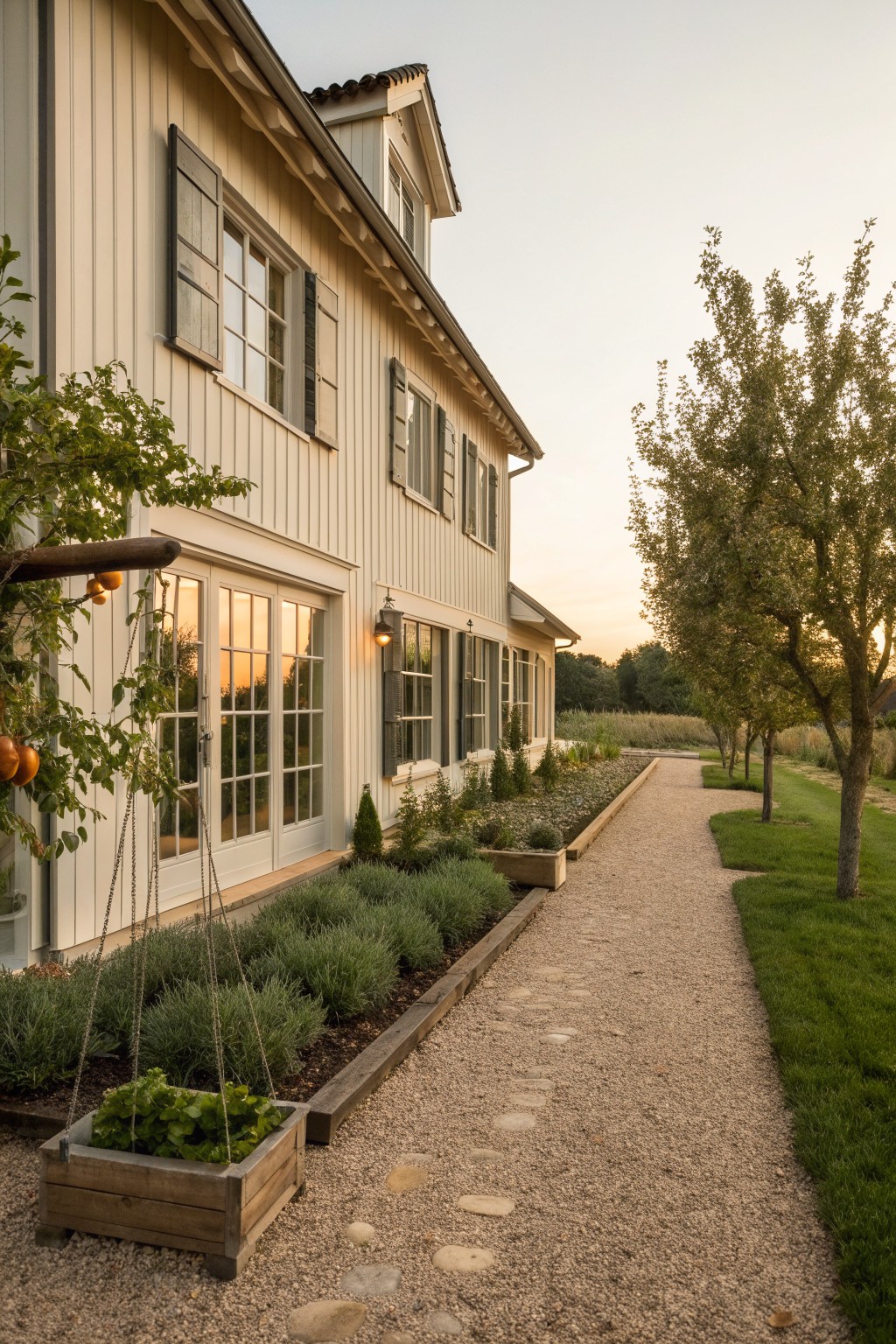 White house with gray shutters beside gravel path, garden beds, and trees at dusk