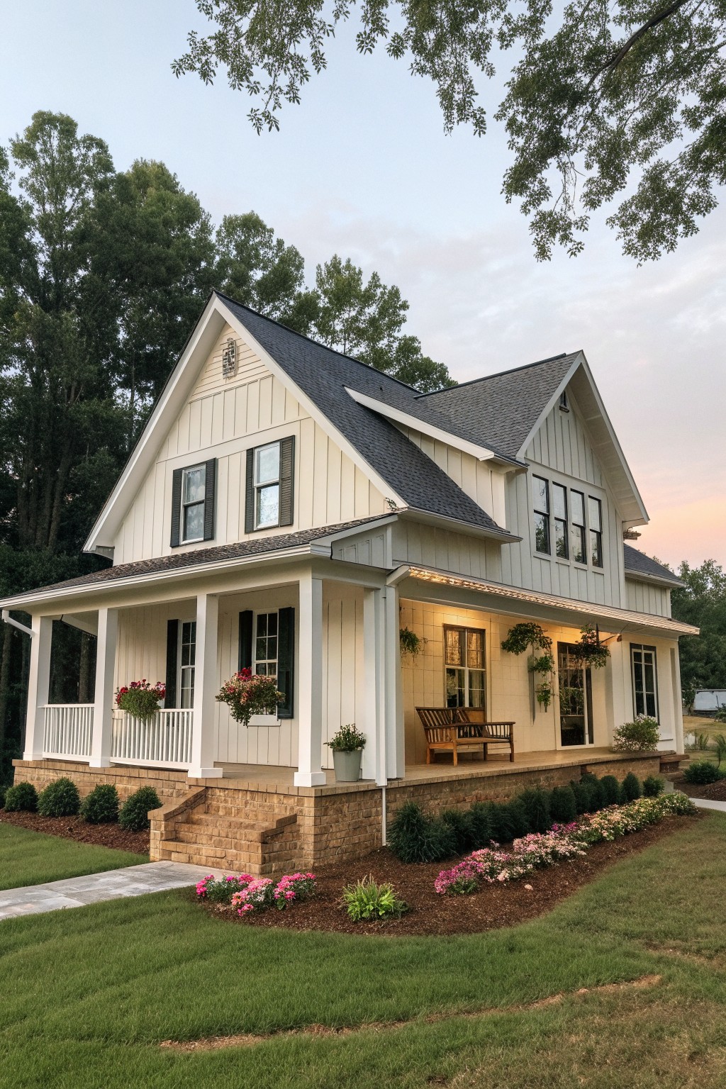 A two-story white farmhouse with board and batten siding, a covered front porch, dark shutters, and a stone foundation.