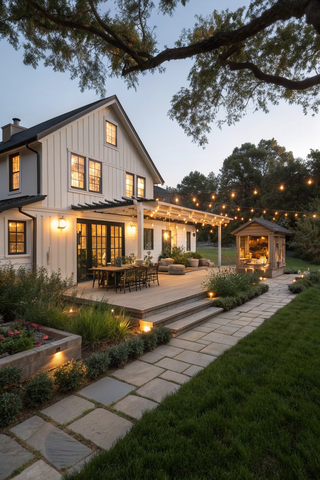 A white board and batten farmhouse exterior with black-framed windows, a wooden deck, string lights, and a stone pathway at dusk.