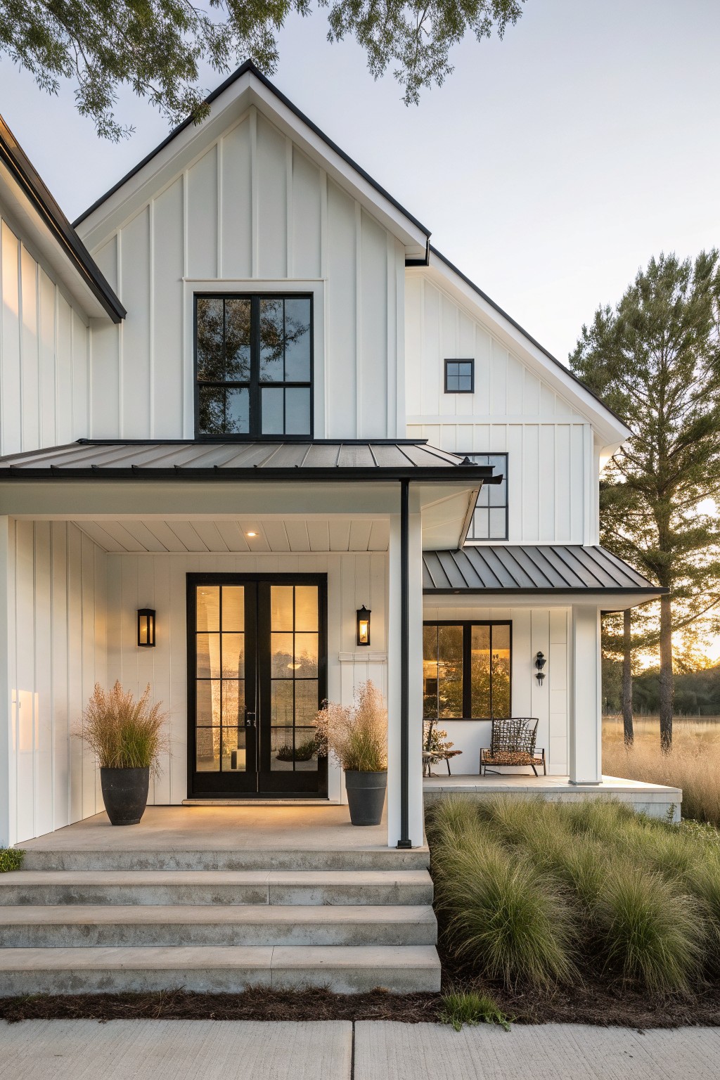 A white board and batten farmhouse with a black metal roof, covered porch, black double front doors, and concrete steps.
