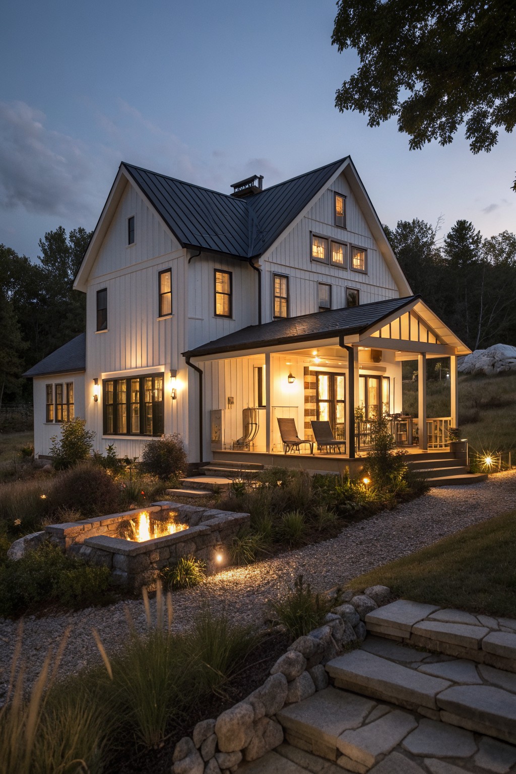 A two-story white board and batten farmhouse with a dark metal roof and lit porch at dusk, with a gravel path and stone fire pit in the foreground.