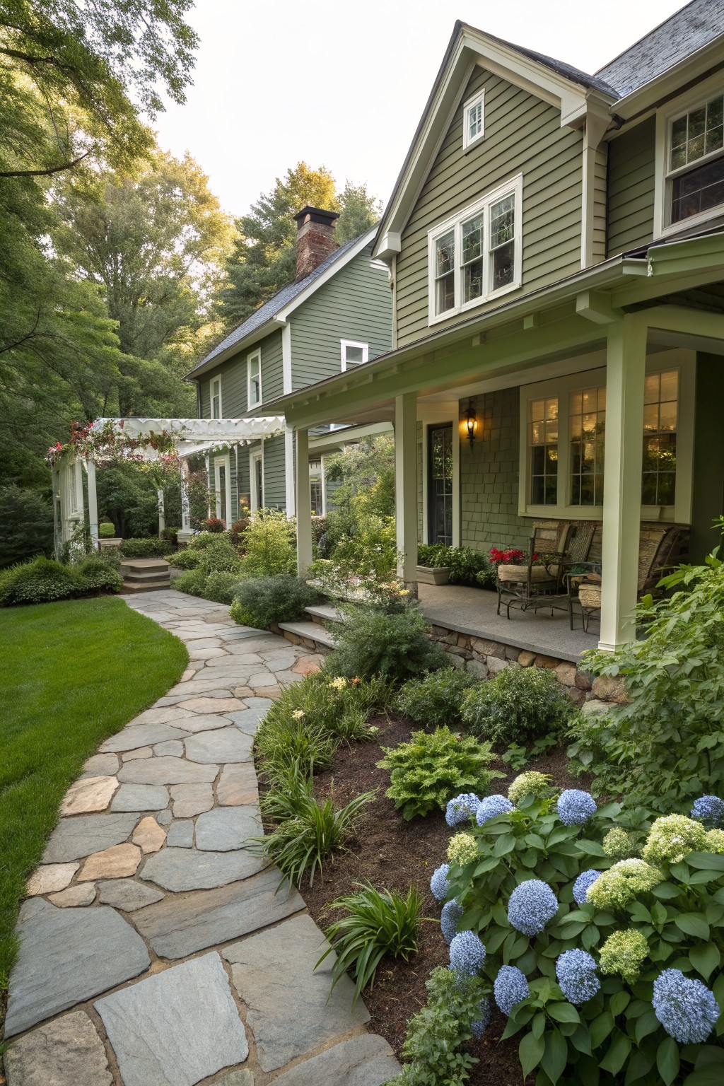 A two-story green board and batten farmhouse with a covered porch, stone pathway, and flower beds in the foreground.