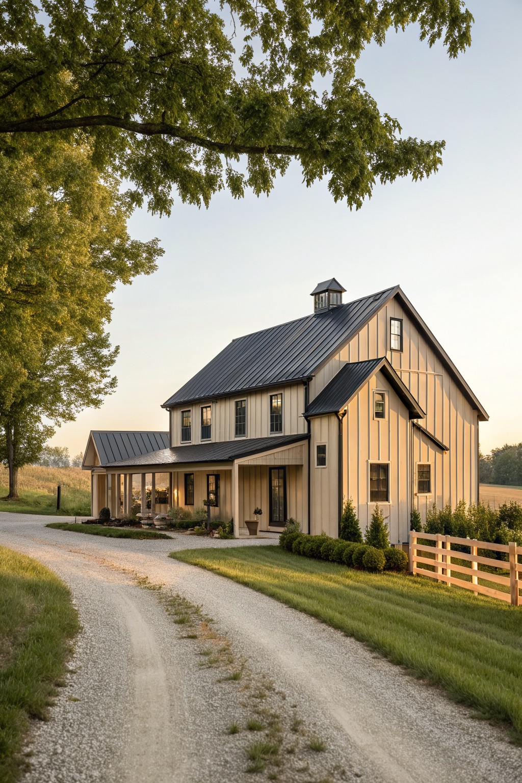 A two-story farmhouse exterior with light board and batten siding, a dark metal roof, and a gravel driveway curving past the front.