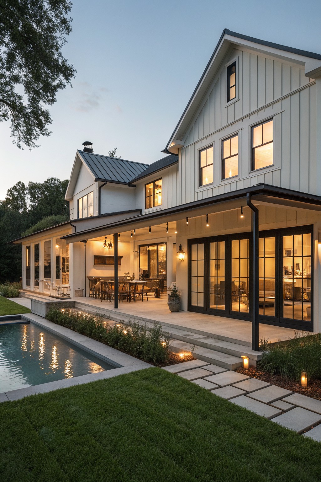 White board and batten farmhouse exterior with dark metal roof, black-framed windows and doors, and covered patio beside a pool at dusk.