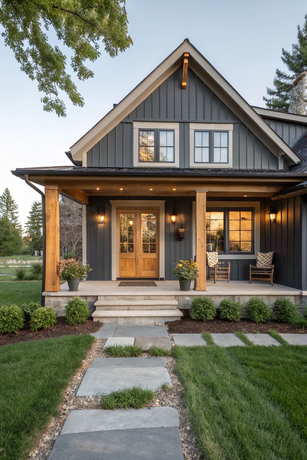 A two-story house with dark gray board and batten siding, a gabled roof, wooden porch posts and ceiling, double wood doors, and a stone foundation.