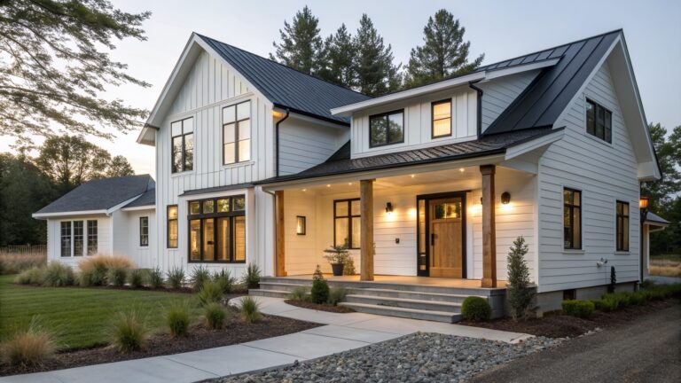 23 Polished Board and Batten Farmhouse Exterior Ideas for Clean Country Lines A white board and batten farmhouse with a large front gable, wooden door, stone porch base, and black metal roof accents at dusk.