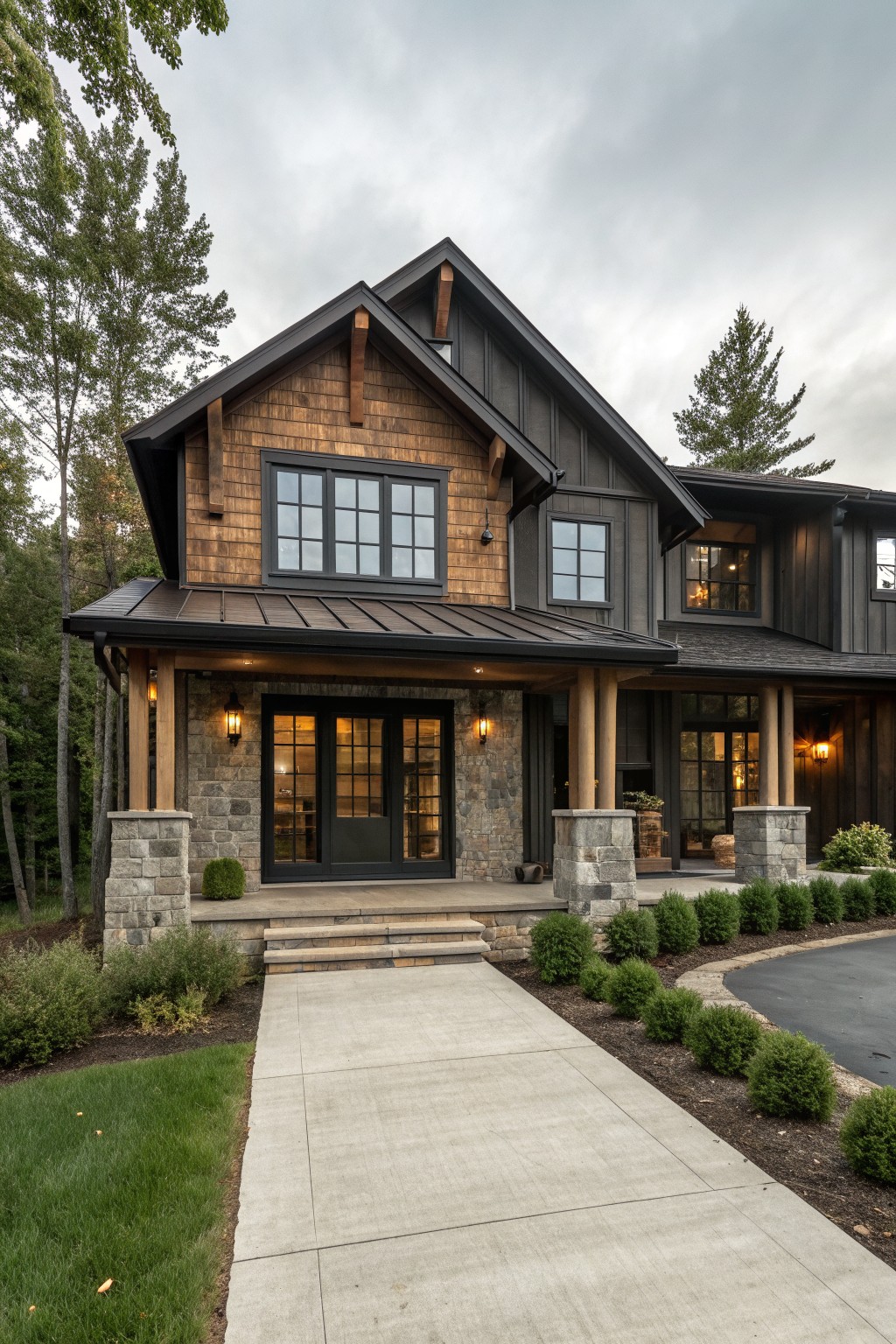 A two-story farmhouse with brown board and batten siding on the upper level, stone veneer around the entry and porch columns, dark window trim, and a concrete walkway leading to the front door.