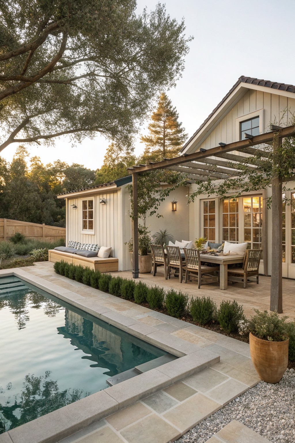 A board and batten farmhouse exterior with a long pool, stone patio, wooden pergola over a dining table, and built-in bench seating along the wall.